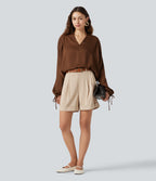 High Waisted Baggy Casual Stretch Linen Shorts 4'' with Pockets — Oatfield Cream — view 7