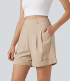 High Waisted Baggy Casual Stretch Linen Shorts 4'' with Pockets — Oatfield Cream — view 3