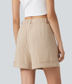 High Waisted Baggy Casual Stretch Linen Shorts 4'' with Pockets — Oatfield Cream — view 2
