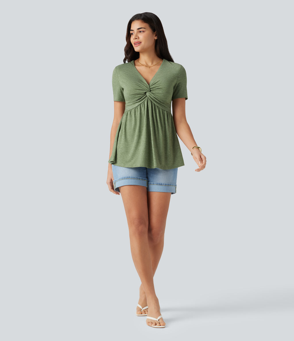 V Neck Short Sleeve Built-in Bra Casual Top — Light Green Floral Yarn — view 6