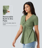 V Neck Short Sleeve Built-in Bra Casual Top — Light Green Floral Yarn — view 1