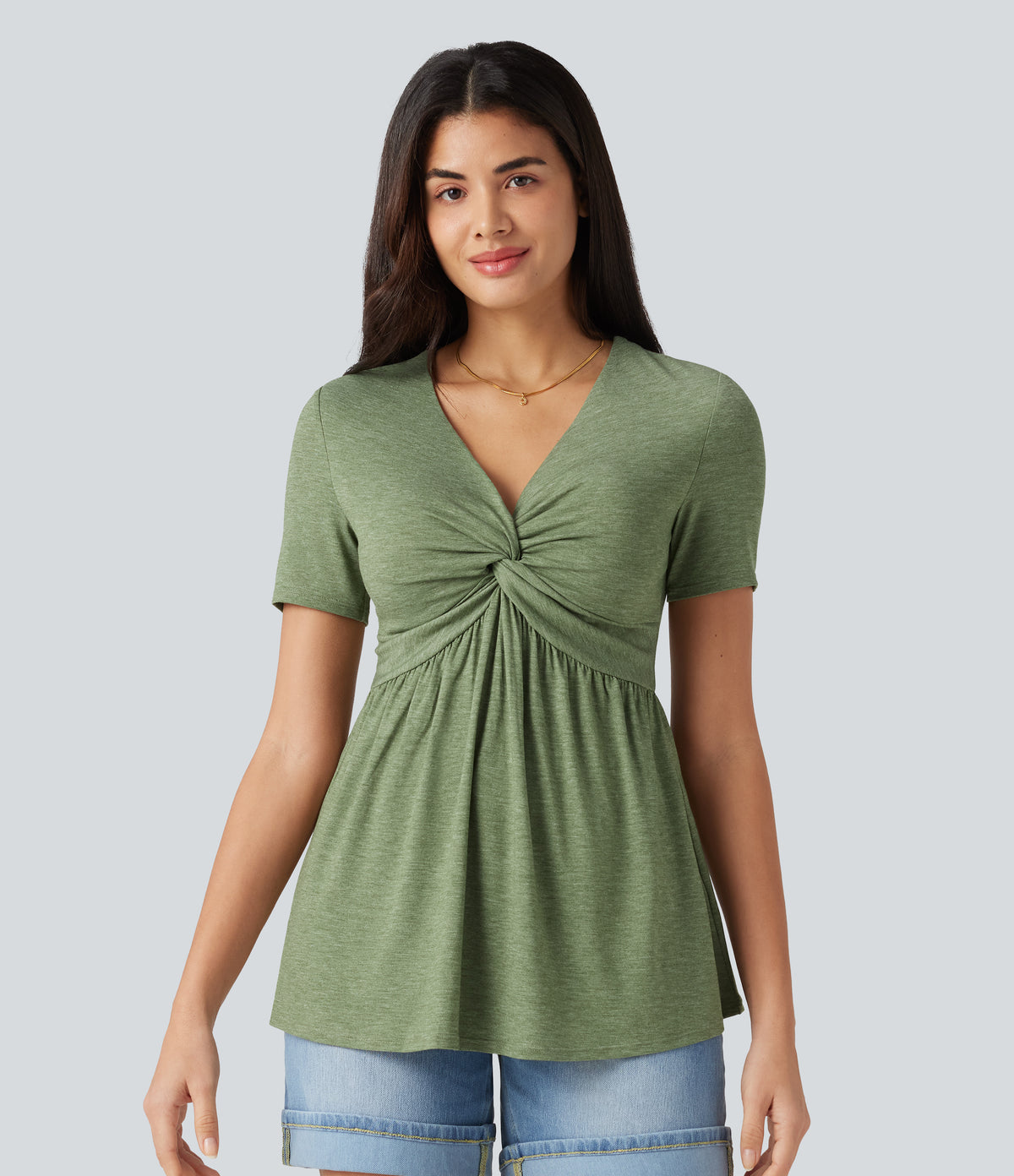 V Neck Short Sleeve Built-in Bra Casual Top — Light Green Floral Yarn — view 3