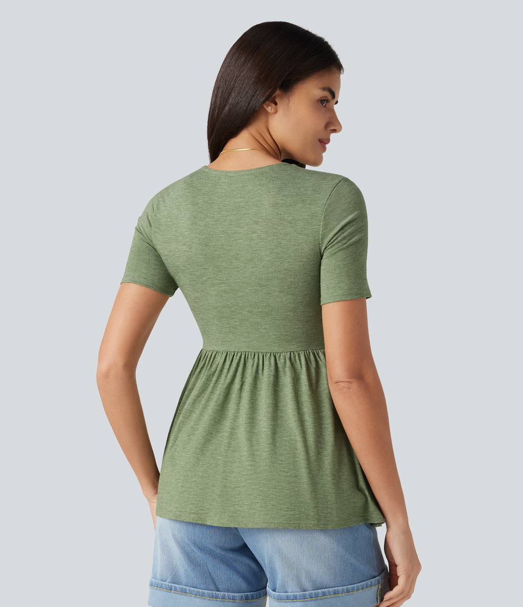 V Neck Short Sleeve Built-in Bra Casual Top — Light Green Floral Yarn — view 2