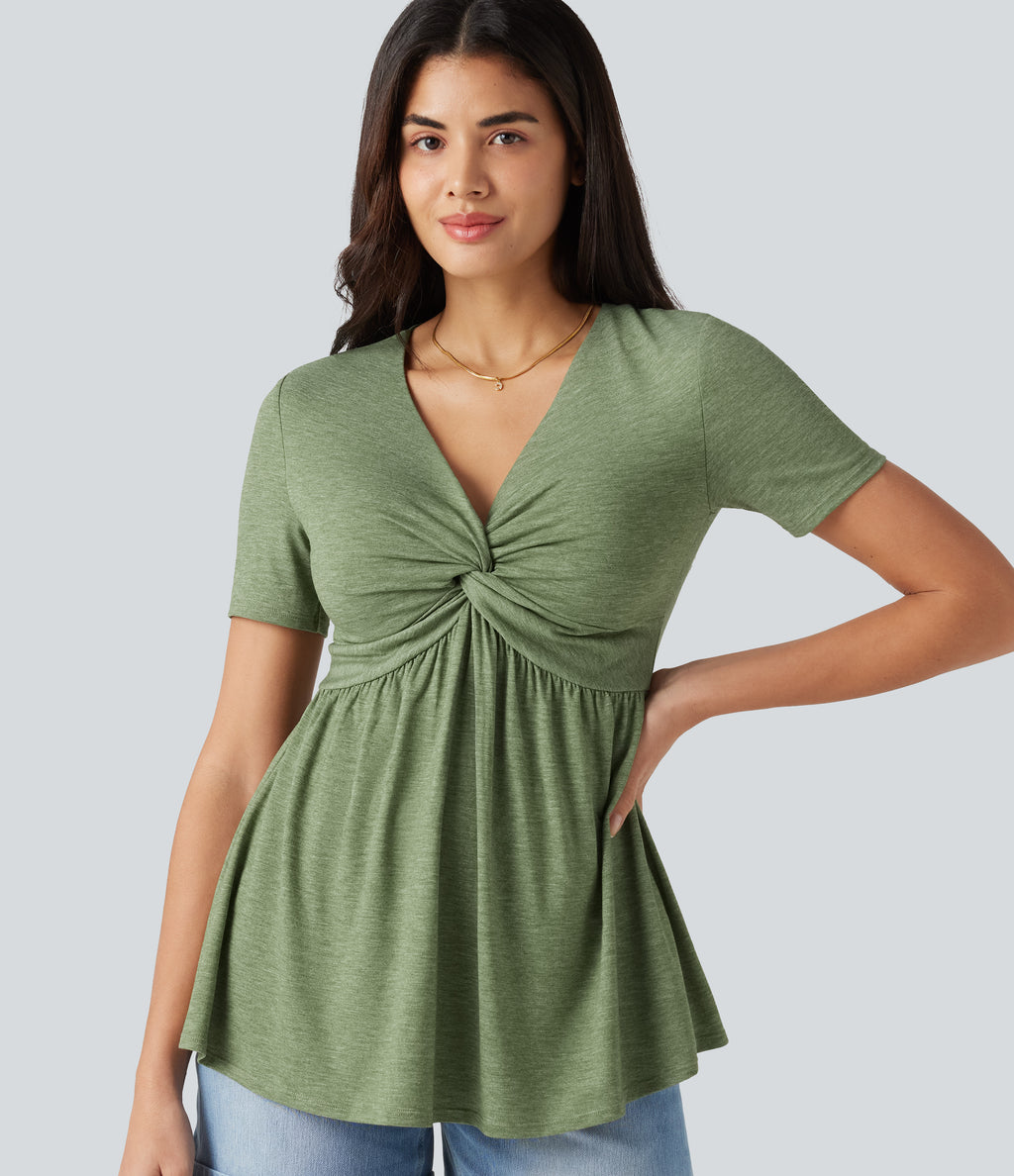 V Neck Short Sleeve Built-in Bra Casual Top — Light Green Floral Yarn — view 5
