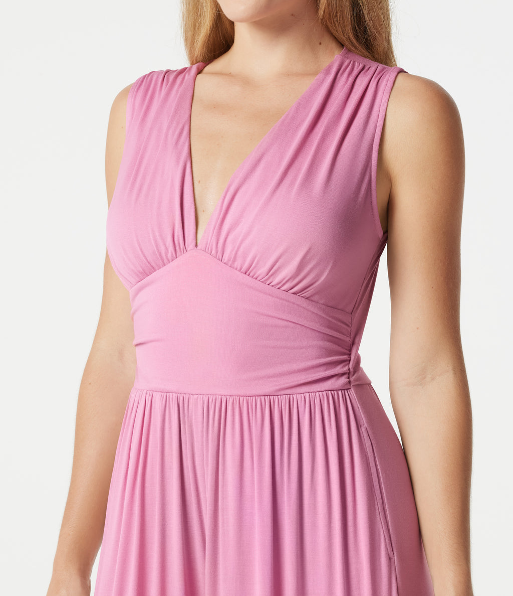 Ribbed V Neck Sleeveless Ruched Built-in Bra Casual Jumpsuit with Pockets-Edition — Sweet Lilac — view 4
