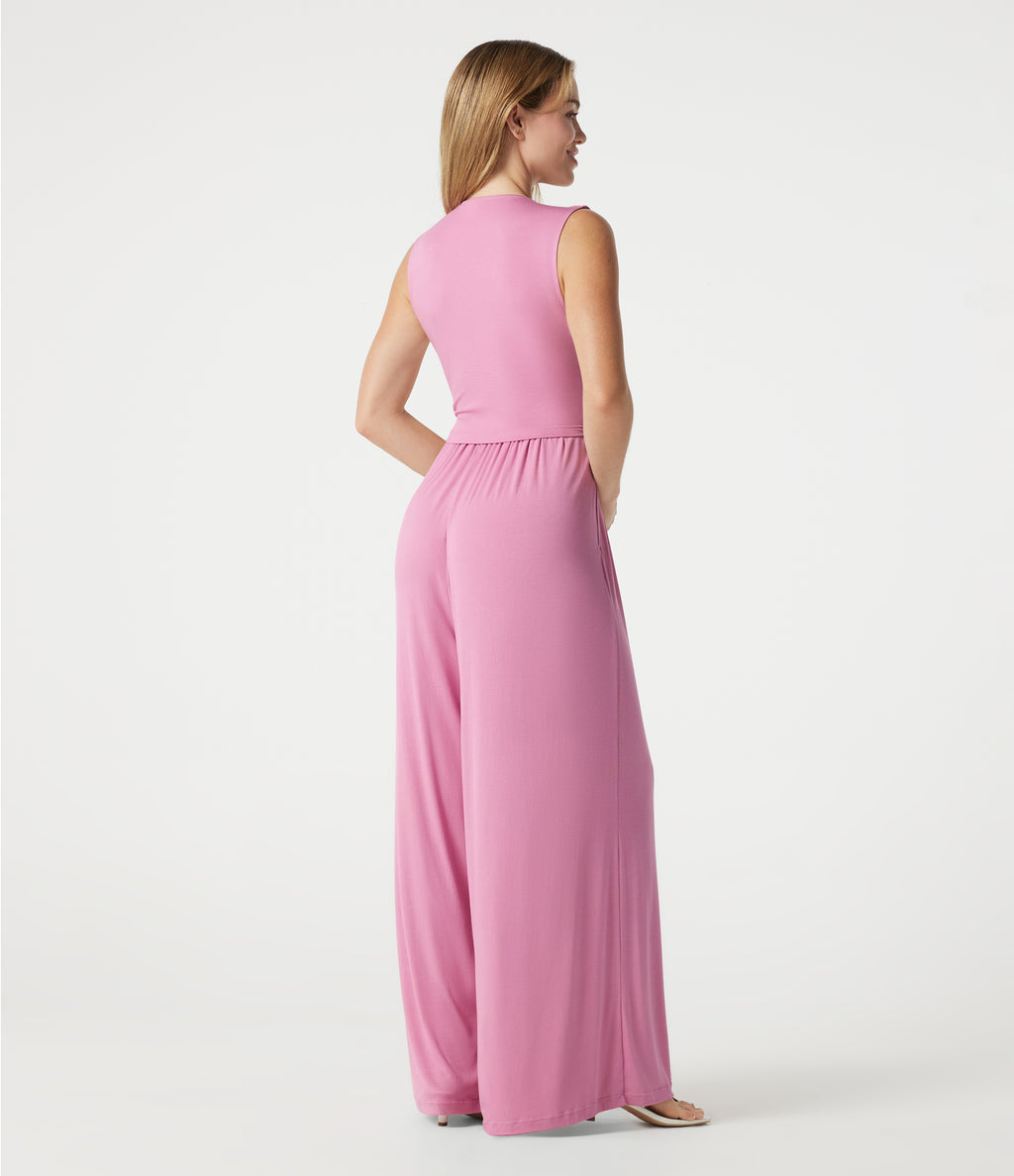 Ribbed V Neck Sleeveless Ruched Built-in Bra Casual Jumpsuit with Pockets-Edition — Sweet Lilac — view 2