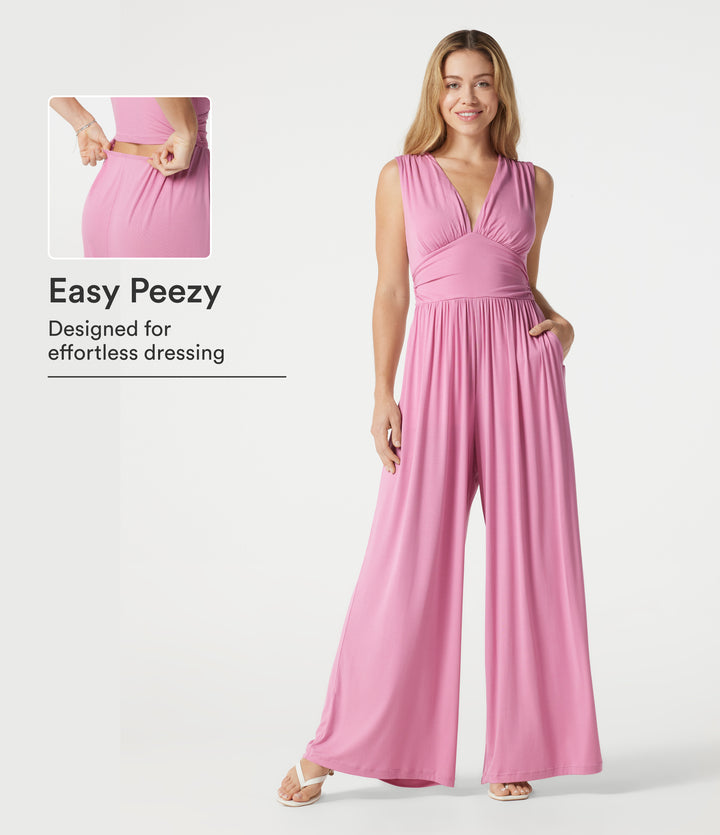 Ribbed V Neck Sleeveless Ruched Built-in Bra Casual Jumpsuit with Pockets-Edition — Sweet Lilac — view 1