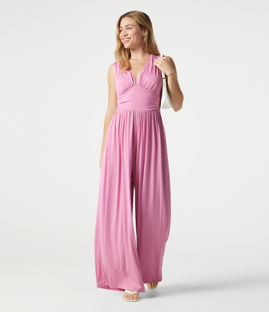 Ribbed V Neck Sleeveless Ruched Built-in Bra Casual Jumpsuit with Pockets-Edition — Sweet Lilac — view 7