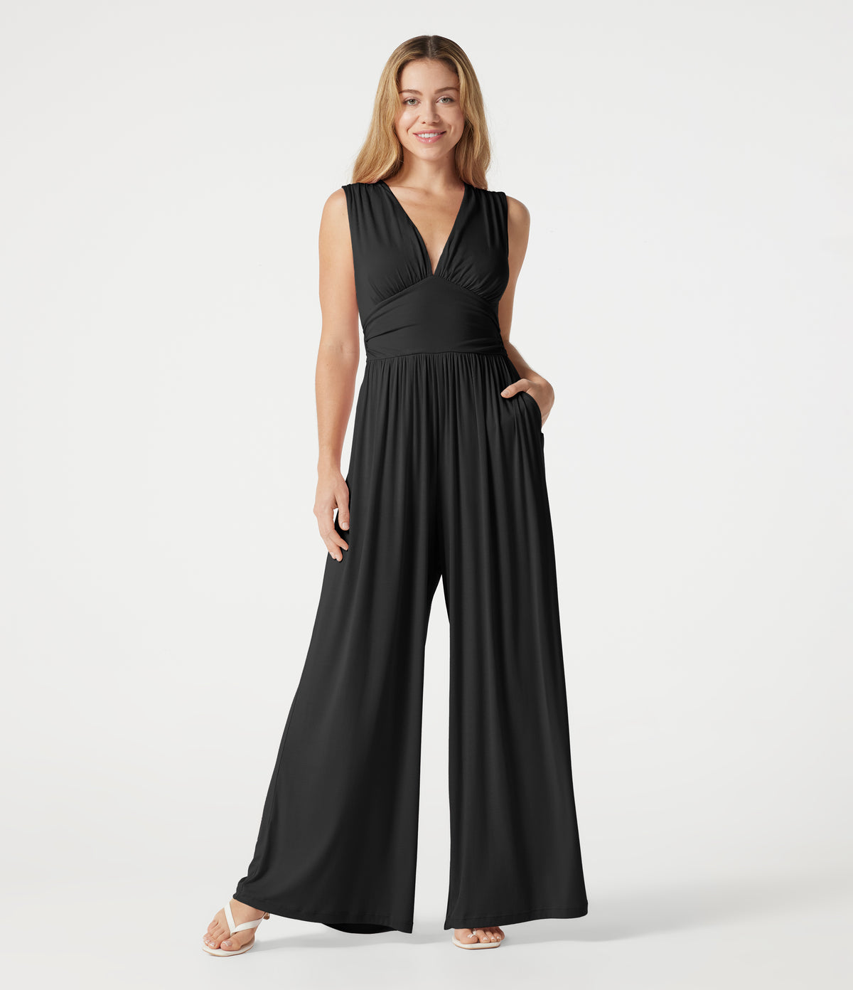 Ribbed V Neck Sleeveless Ruched Built-in Bra Casual Jumpsuit with Pockets-Edition — Black — view 8