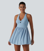 V Neck Built-in Bra Racerback 2-in-1 Quick Dry Mini Tennis Active Dress with Pockets-Edition — Angel Falls — view 3
