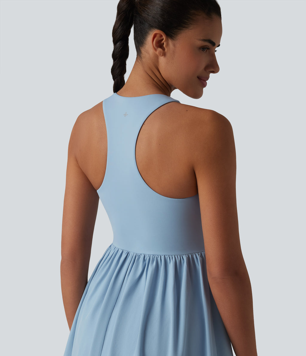 V Neck Built-in Bra Racerback 2-in-1 Quick Dry Mini Tennis Active Dress with Pockets-Edition — Angel Falls — view 5