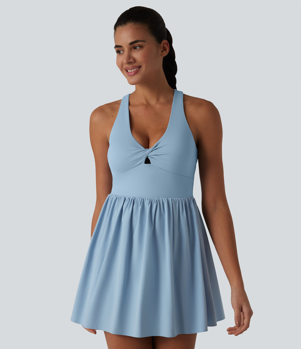 V Neck Built-in Bra Racerback 2-in-1 Quick Dry Mini Tennis Active Dress with Pockets-Edition — Angel Falls — view 4