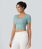 OneForm Seamless Flow V Neck Short Sleeve Built-in Bra Cropped Yoga Sports Top — Ether — view 3