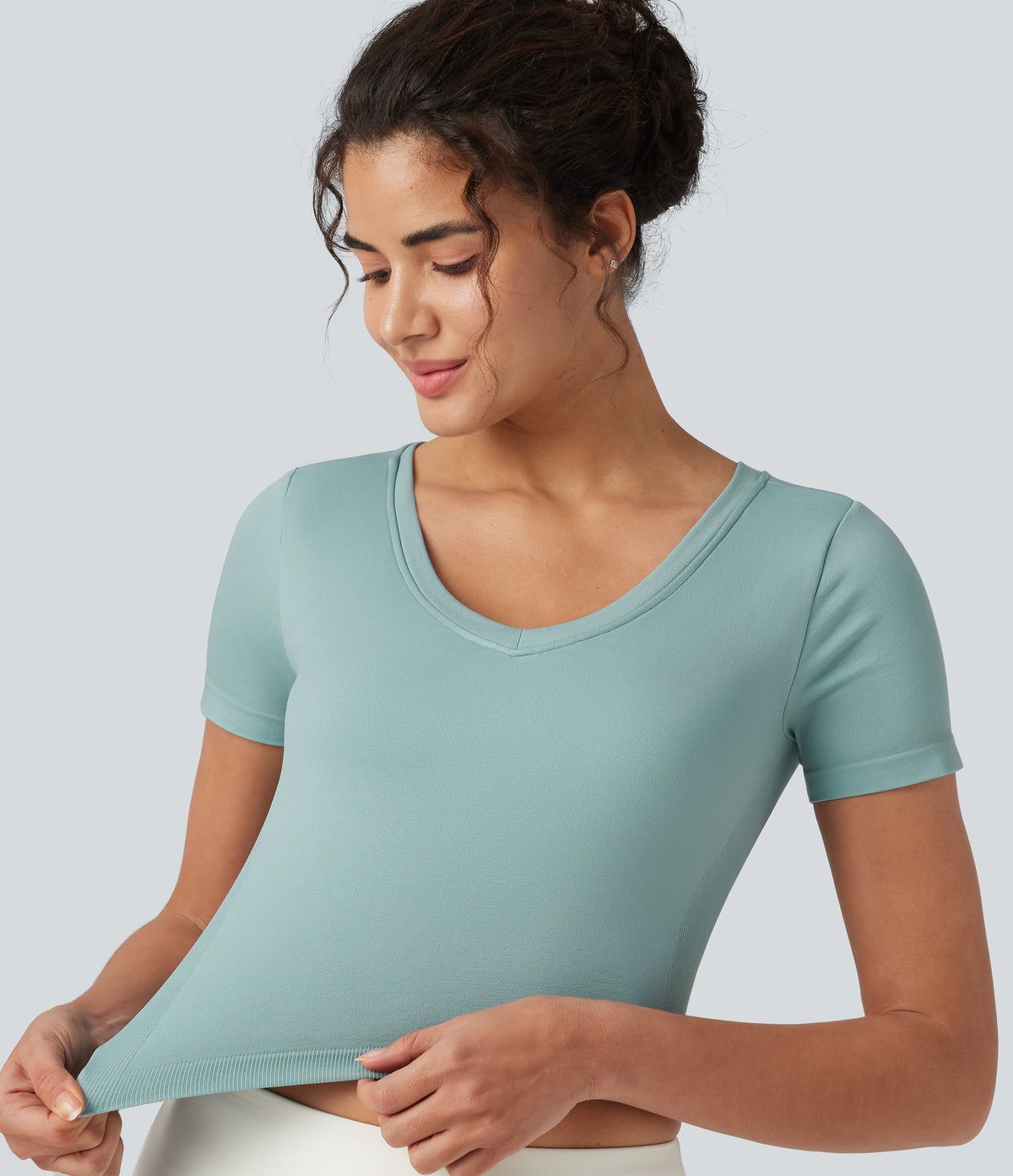 OneForm Seamless Flow V Neck Short Sleeve Built-in Bra Cropped Yoga Sports Top — Ether — view 5