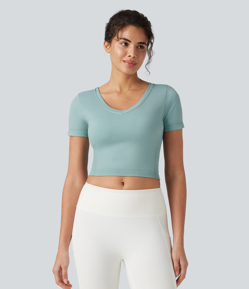 OneForm Seamless Flow V Neck Short Sleeve Built-in Bra Cropped Yoga Sports Top — Ether — view 4