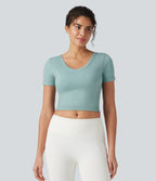 OneForm Seamless Flow V Neck Short Sleeve Built-in Bra Cropped Yoga Sports Top — Ether — view 4