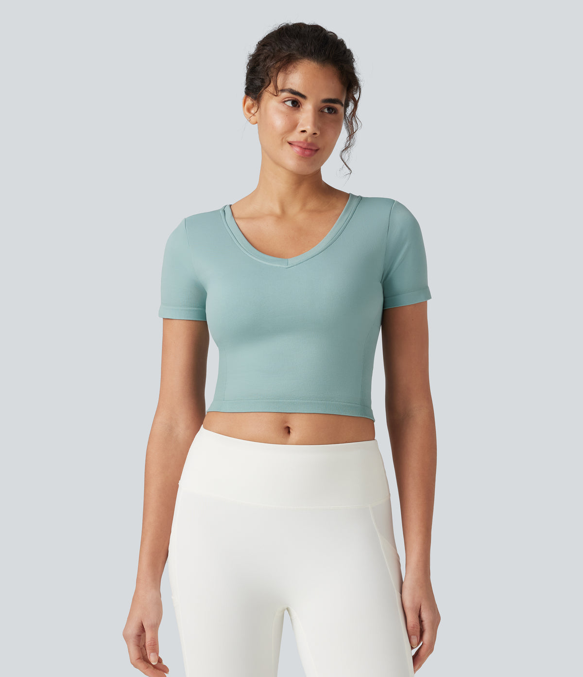 OneForm Seamless Flow V Neck Short Sleeve Built-in Bra Cropped Yoga Sports Top — Ether — view 4