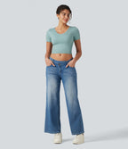 OneForm Seamless Flow V Neck Short Sleeve Built-in Bra Cropped Yoga Sports Top — Ether — view 7