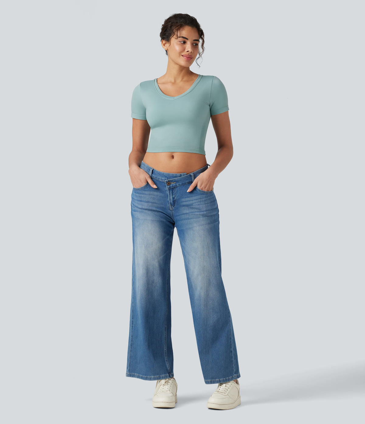 OneForm Seamless Flow V Neck Short Sleeve Built-in Bra Cropped Yoga Sports Top — Ether — view 7