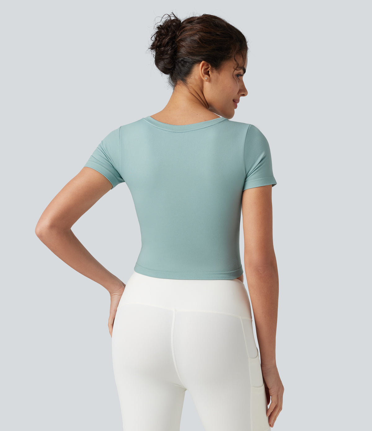 OneForm Seamless Flow V Neck Short Sleeve Built-in Bra Cropped Yoga Sports Top — Ether — view 2