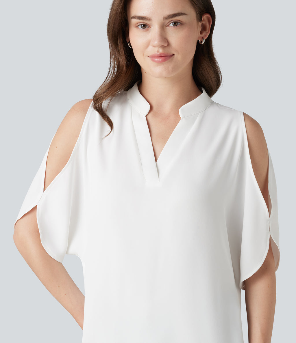 V Neck Short Sleeve Cut Out Work Blouse — White — view 6
