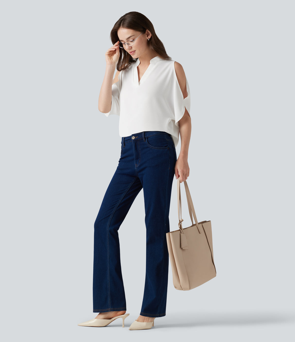 V Neck Short Sleeve Cut Out Work Blouse — White — view 8