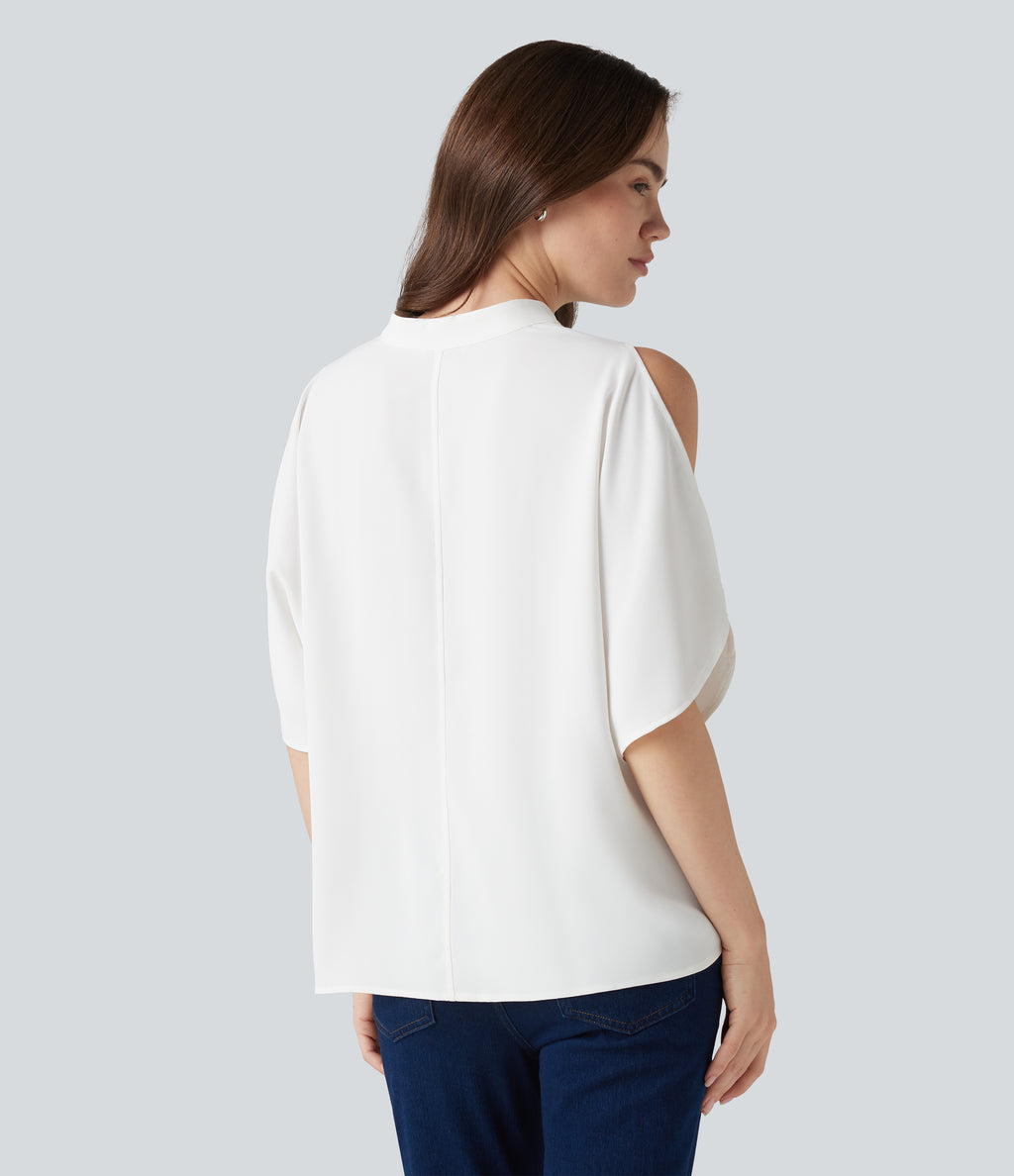 V Neck Short Sleeve Cut Out Work Blouse — White — view 2