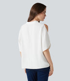 V Neck Short Sleeve Cut Out Work Blouse — White — view 2