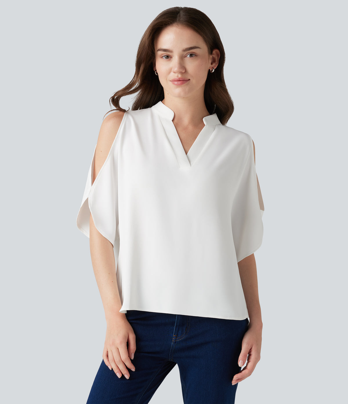 V Neck Short Sleeve Cut Out Work Blouse — White — view 7