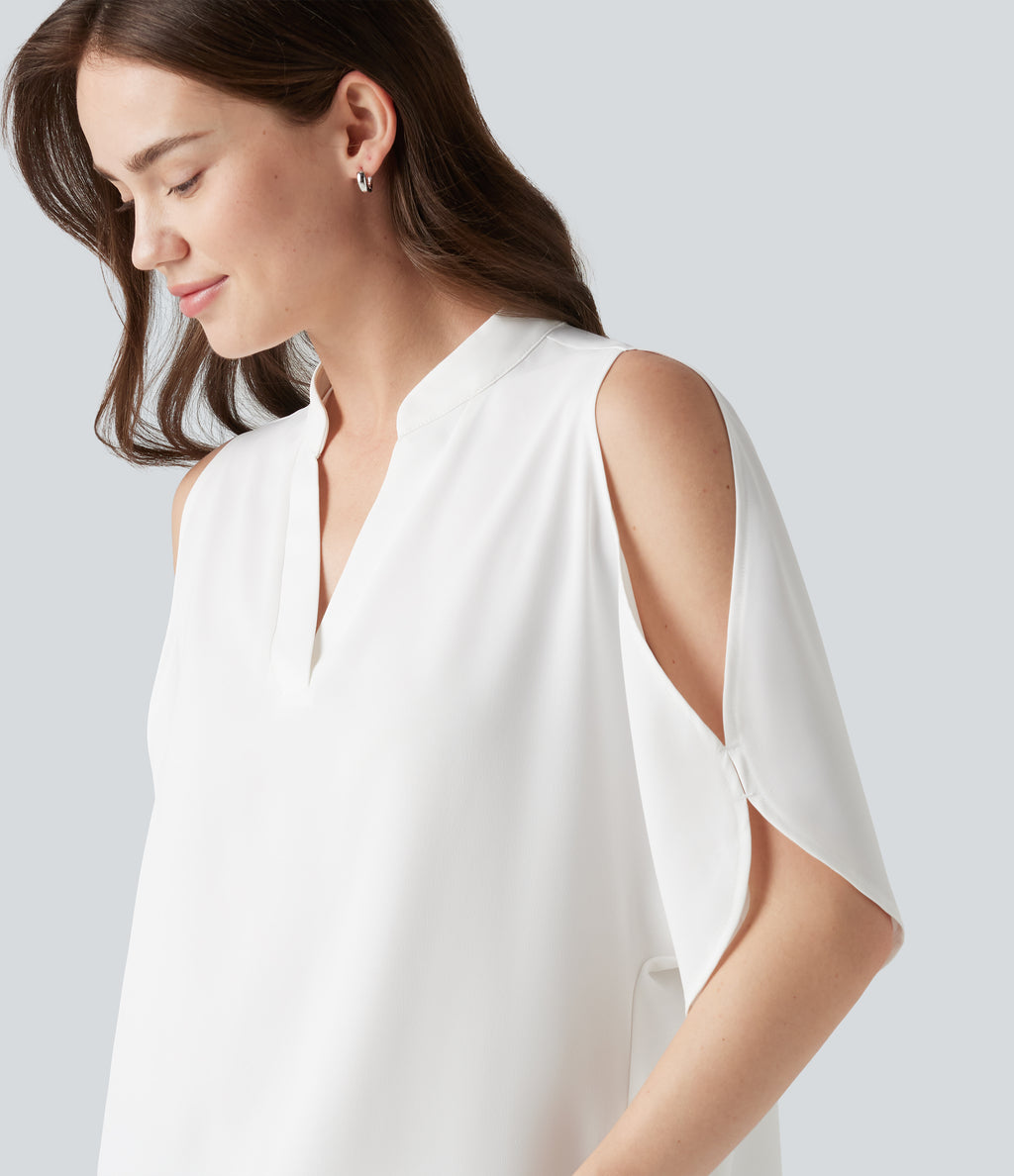 V Neck Short Sleeve Cut Out Work Blouse — White — view 5