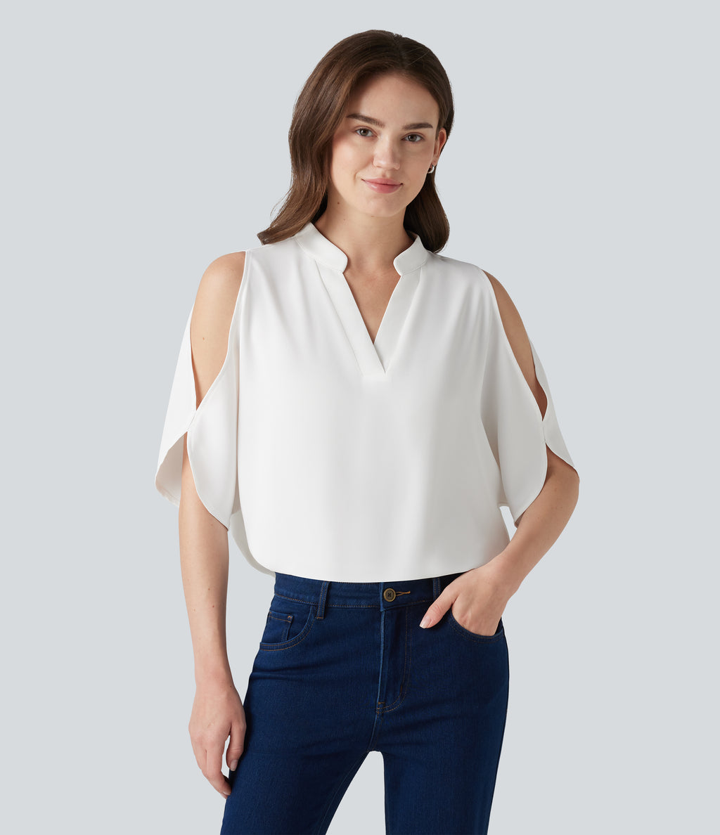 V Neck Short Sleeve Cut Out Work Blouse — White — view 3