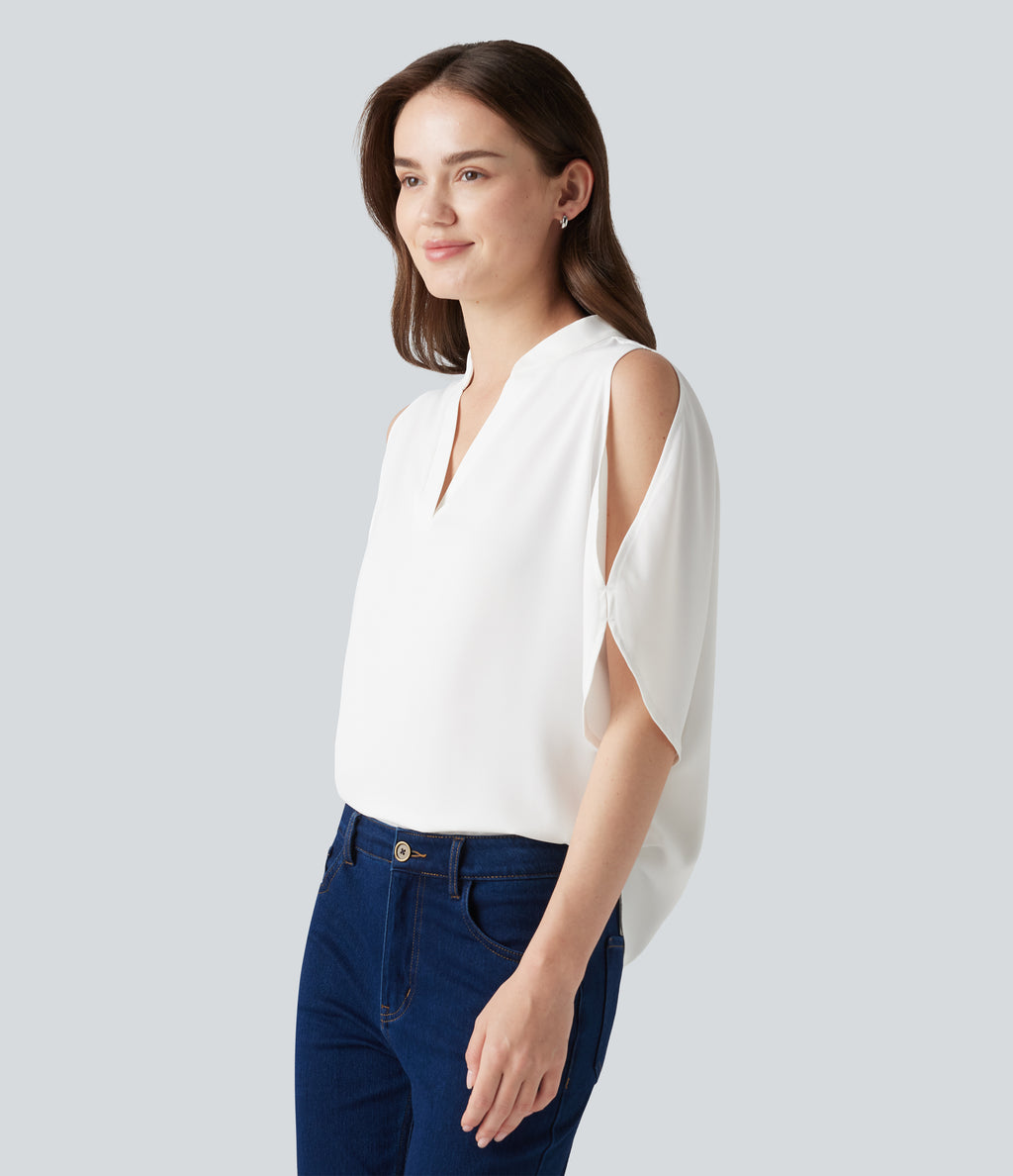 V Neck Short Sleeve Cut Out Work Blouse — White — view 4