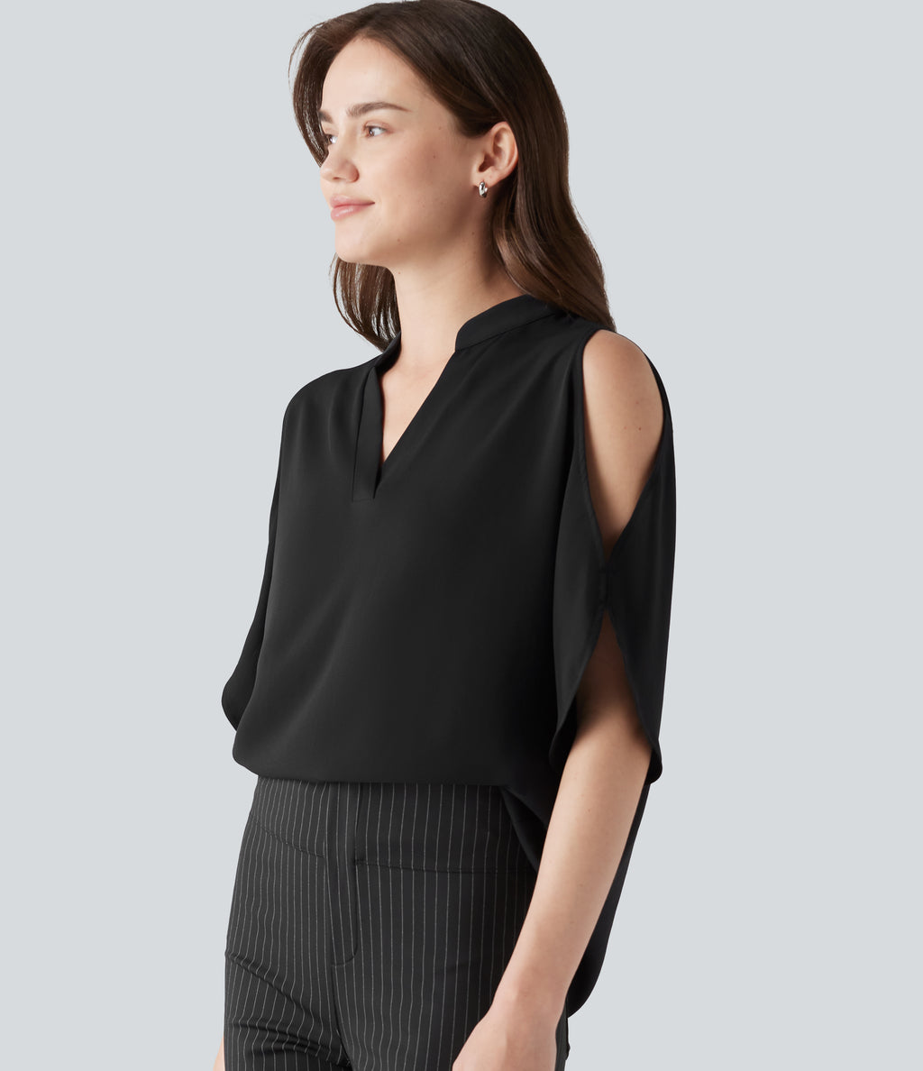 V Neck Short Sleeve Cut Out Work Blouse — Black — view 9