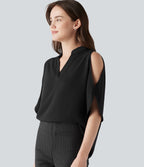V Neck Short Sleeve Cut Out Work Blouse — Black — view 9