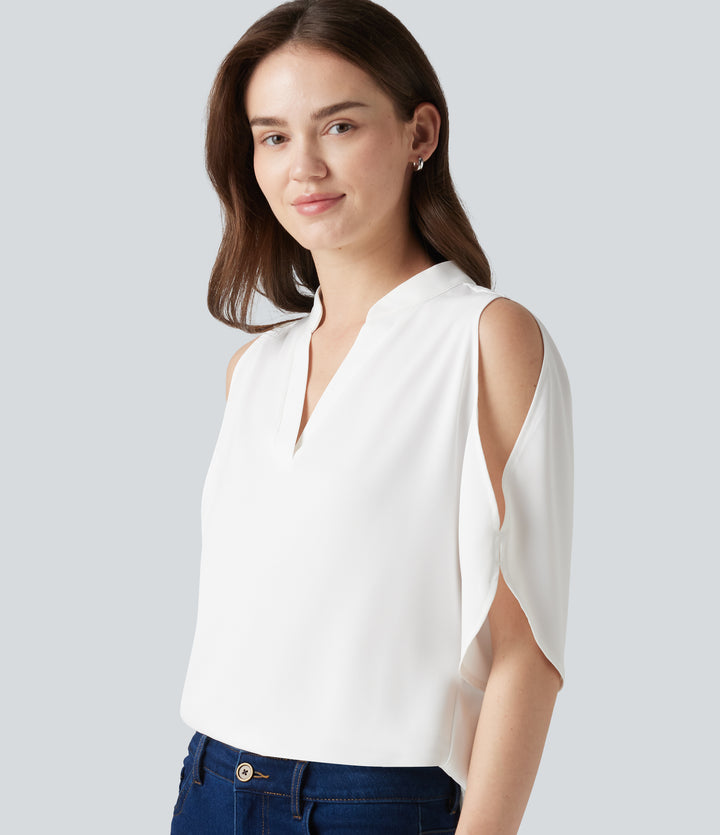 V Neck Short Sleeve Cut Out Work Blouse — White — view 1