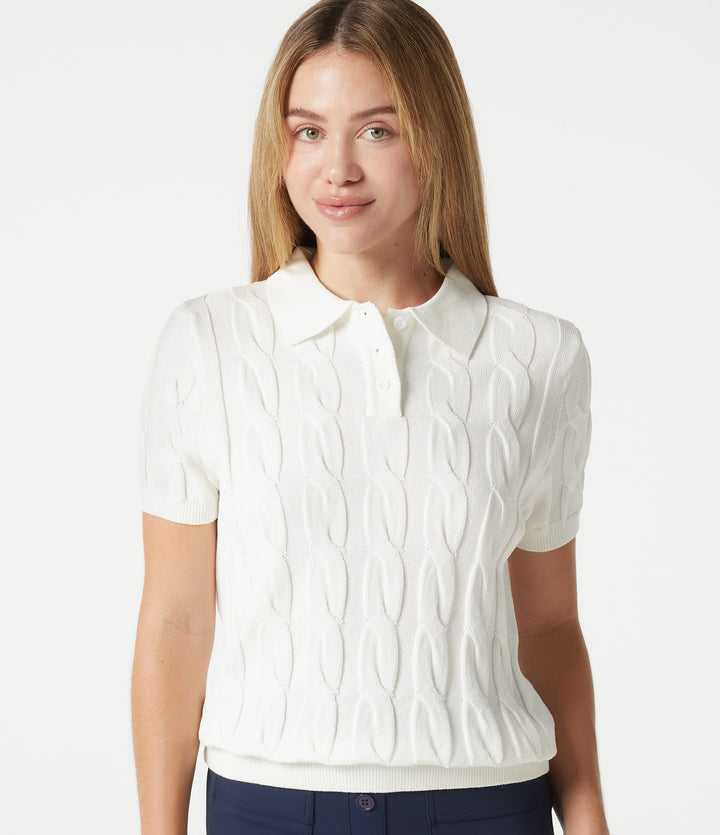 Polo Short Sleeve Cable Knit Casual Jumper — White — view 1