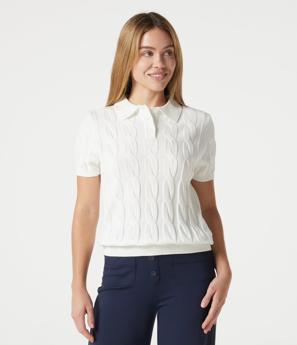 Polo Short Sleeve Cable Knit Casual Jumper — White — view 4