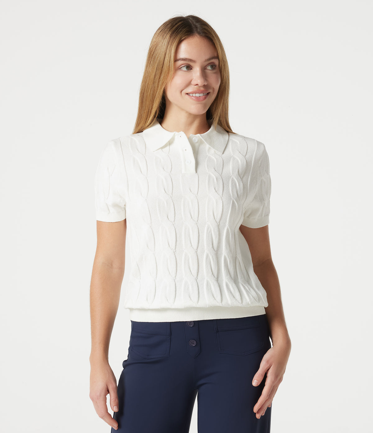 Polo Short Sleeve Cable Knit Casual Jumper — White — view 4