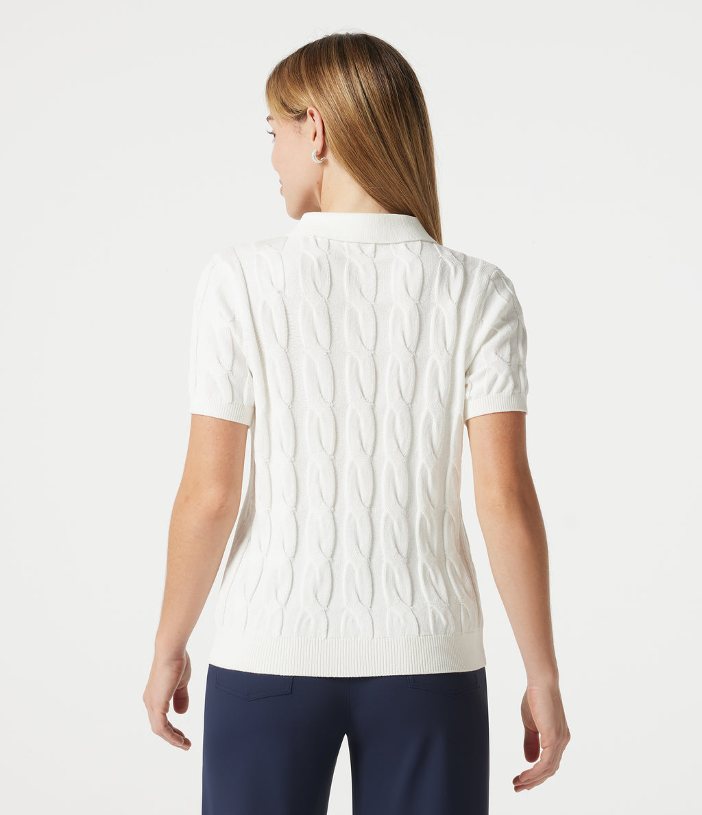 Polo Short Sleeve Cable Knit Casual Jumper — White — view 2