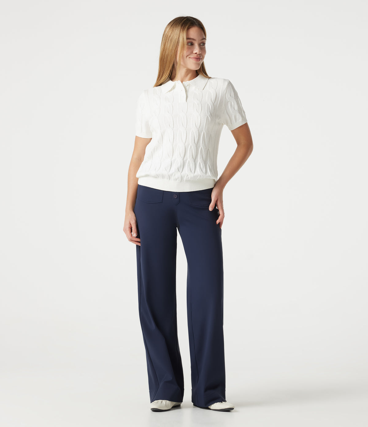 Polo Short Sleeve Cable Knit Casual Jumper — White — view 6