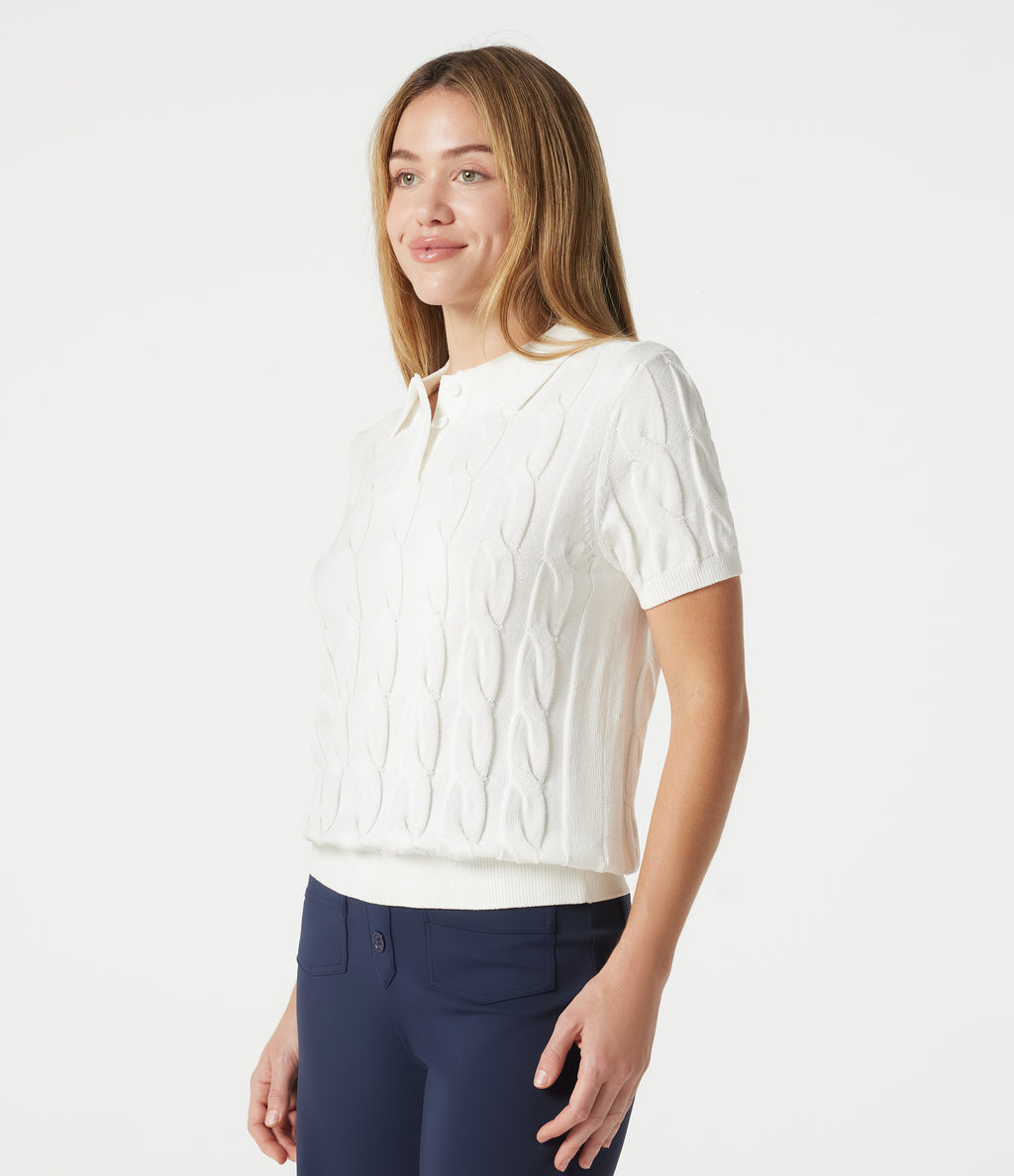 Polo Short Sleeve Cable Knit Casual Jumper — White — view 3