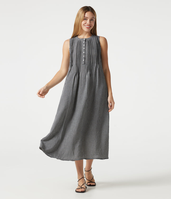 Round Neck Sleeveless Plaid Midi Casual Linen-Feel Dress with Pockets — Classic Mono — view 1