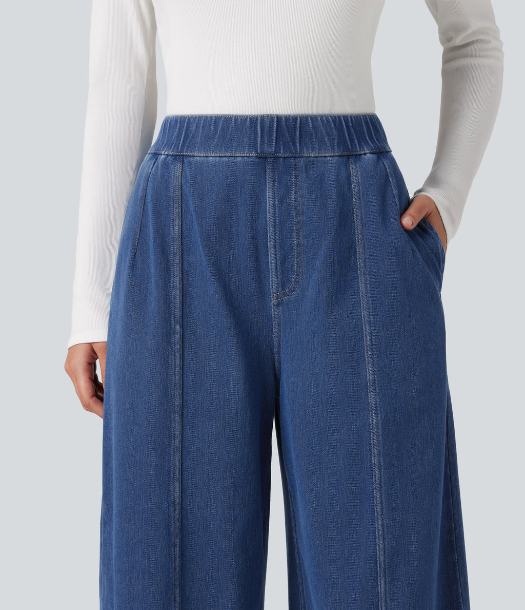 High Waisted Barrel Leg Casual Jeans with Pockets — Estate Blue Denim — view 4