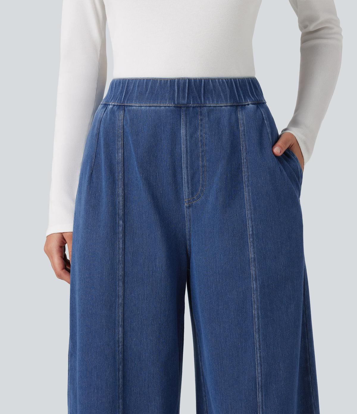 High Waisted Barrel Leg Casual Jeans with Pockets — Estate Blue Denim — view 4