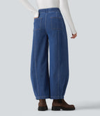 High Waisted Barrel Leg Casual Jeans with Pockets — Estate Blue Denim — view 2