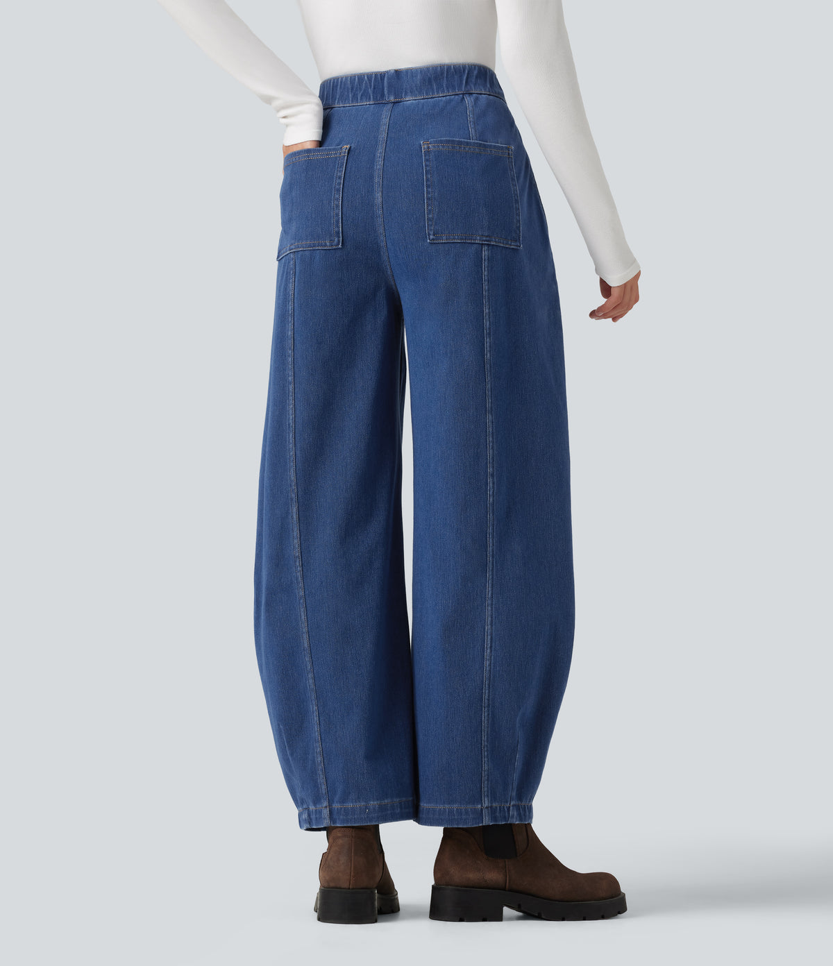 High Waisted Barrel Leg Casual Jeans with Pockets — Estate Blue Denim — view 2
