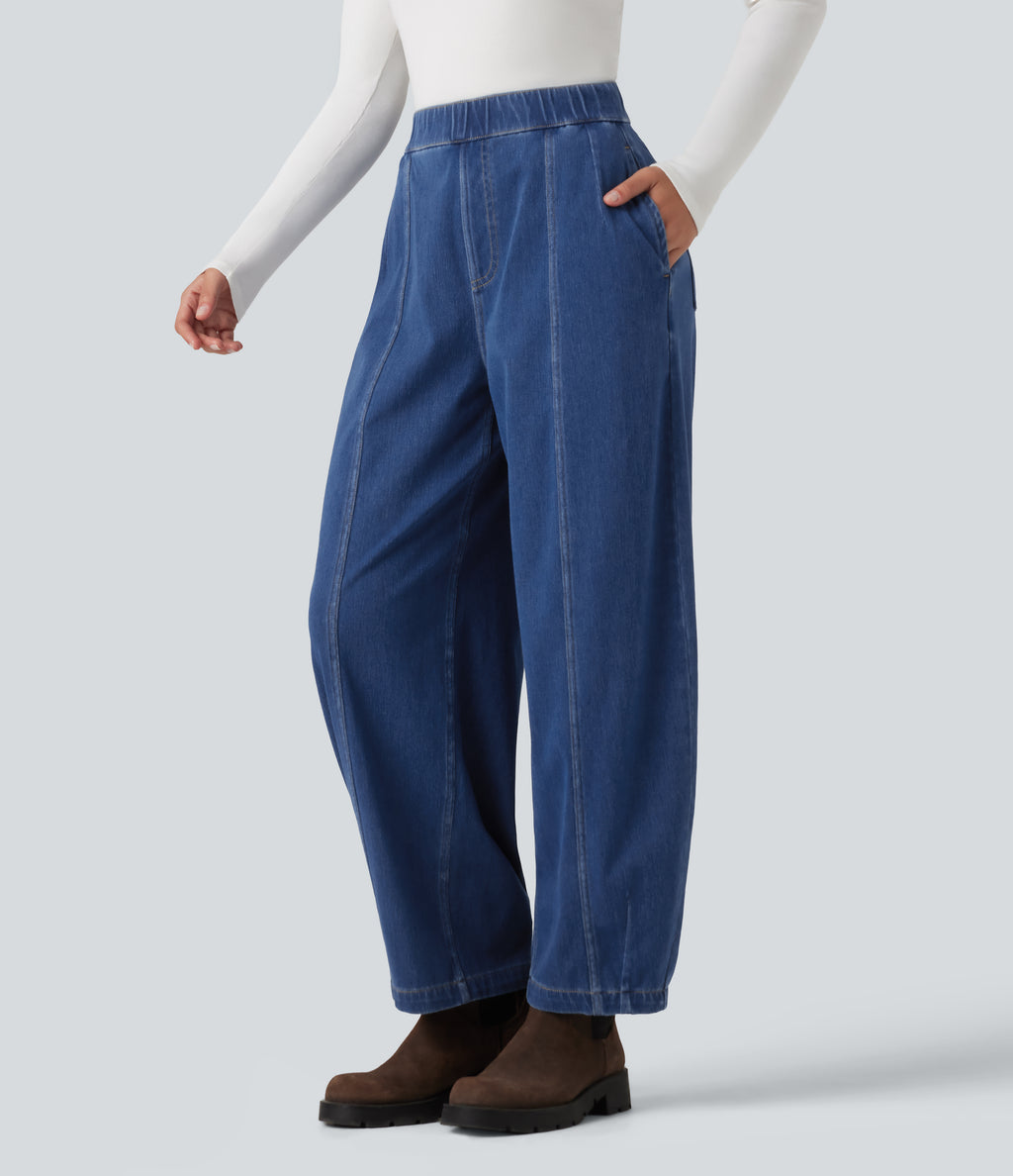 High Waisted Barrel Leg Casual Jeans with Pockets — Estate Blue Denim — view 3