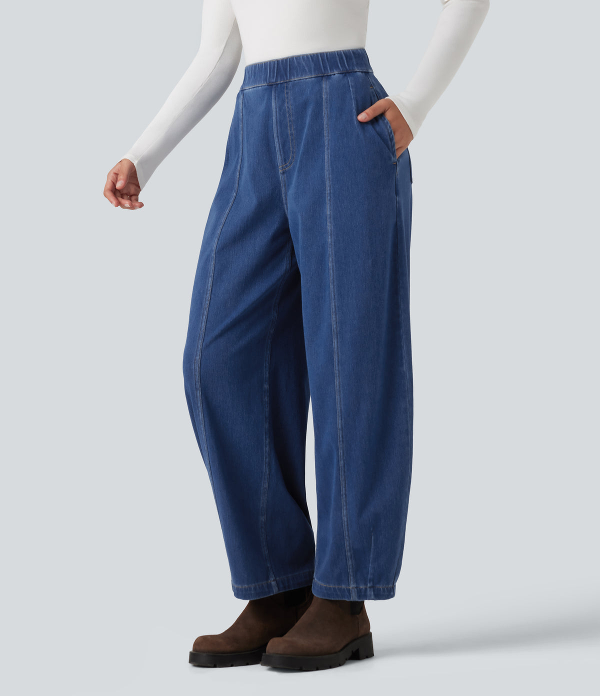 High Waisted Barrel Leg Casual Jeans with Pockets — Estate Blue Denim — view 3
