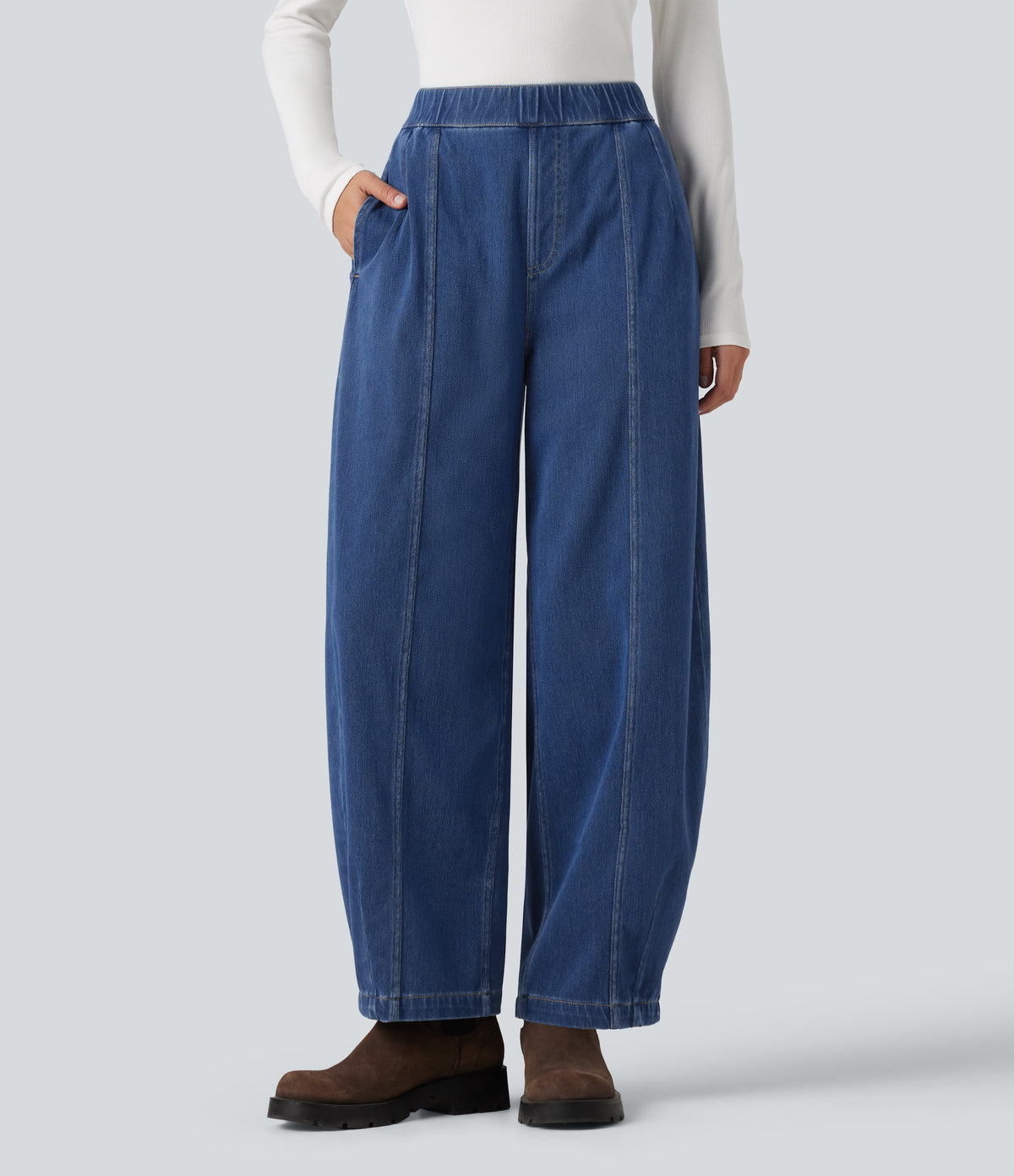 High Waisted Barrel Leg Casual Jeans with Pockets — Estate Blue Denim — view 1