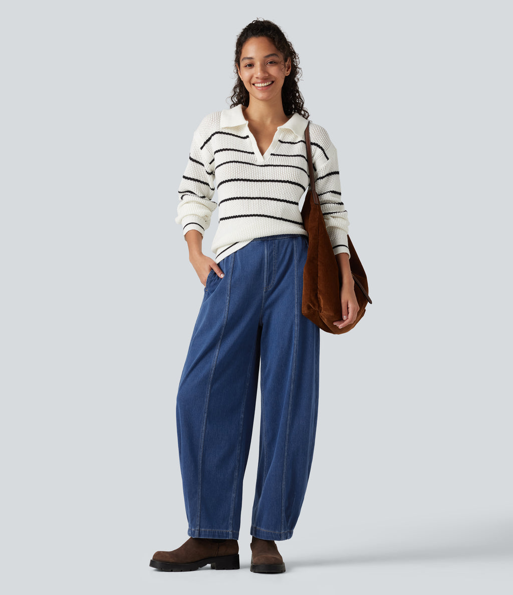 High Waisted Barrel Leg Casual Jeans with Pockets — Estate Blue Denim — view 8